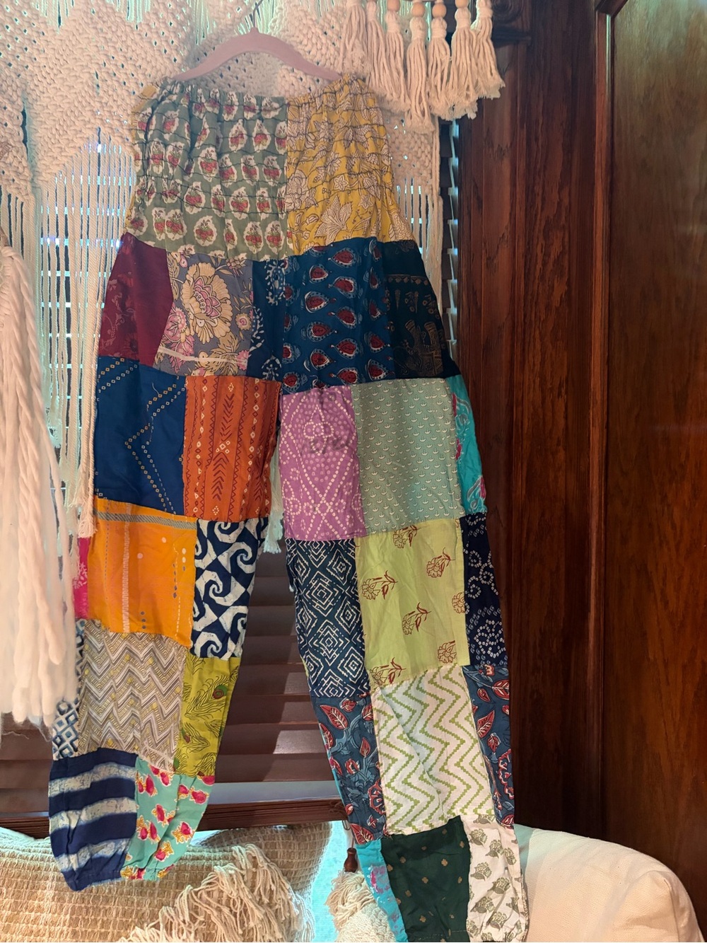 Boho patchwork pants jogger pockets cotton OS free size Jessica Taylor s m l - Picture 5 of 10